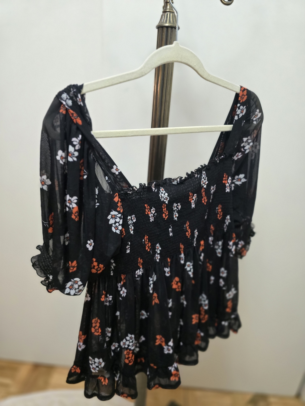 Free People.Black Floral Smocked Peasant Top - Women's